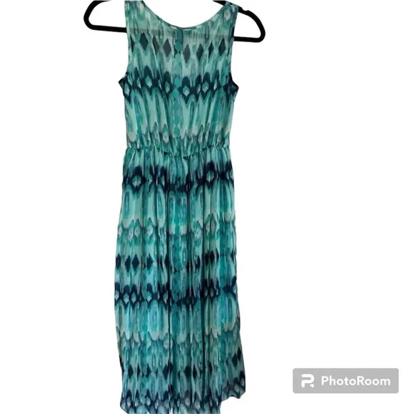 H&M Blue Ikat Pattern Pleated High Low Tank Top Sleeveless Dress Size 6 - Picture 2 of 7